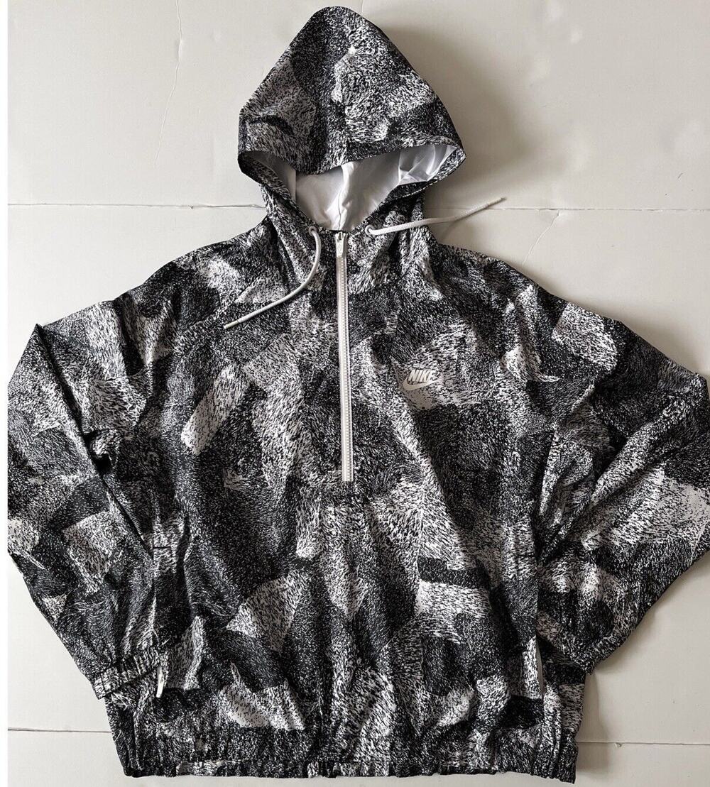 Nike Windbreaker Hoodie Jacket Women M Black White Geometric Graph Lightweight